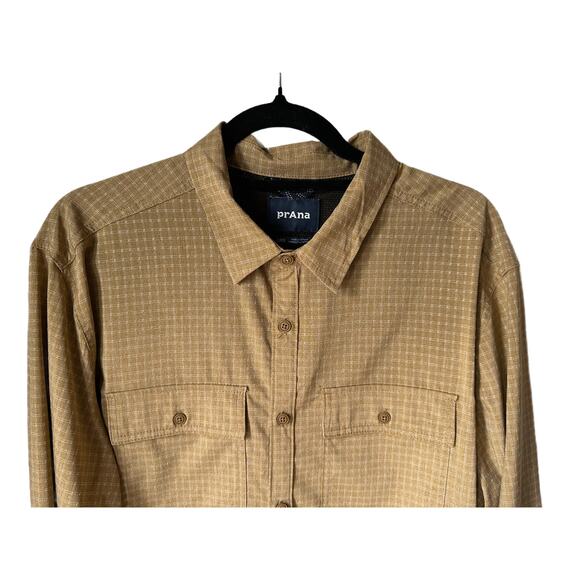 PrAna Men’s Tan Gingham Long Sleeve Button Up Size L Hiking Utility OutdoorCore - Picture 2 of 8